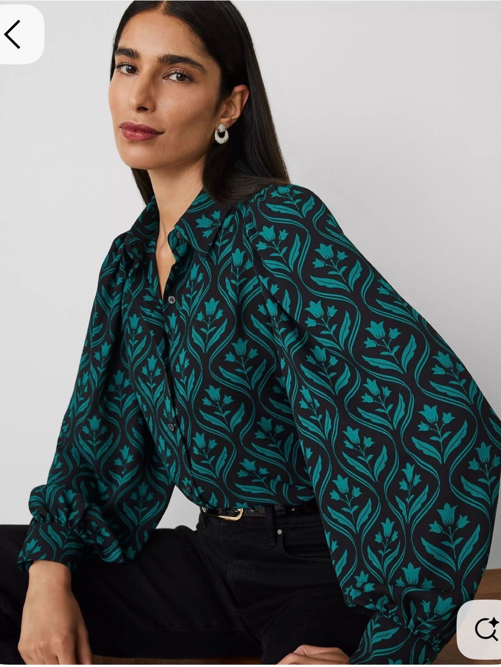 Ann Taylor Black and Teal Floral-Print Button-Down Blouse NWT